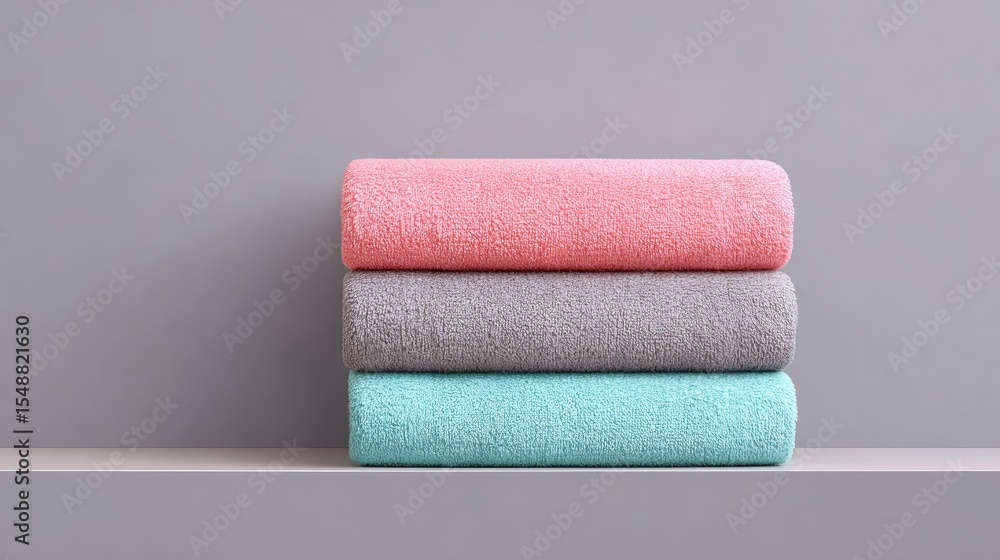 Poster soft towels stacked neatly on a shelf against a gray background