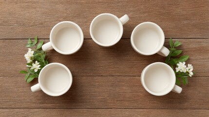 Five Empty White Cups Surrounded by Green Leaves and Flowers