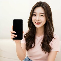 Happy Woman Holding Smartphone Forward