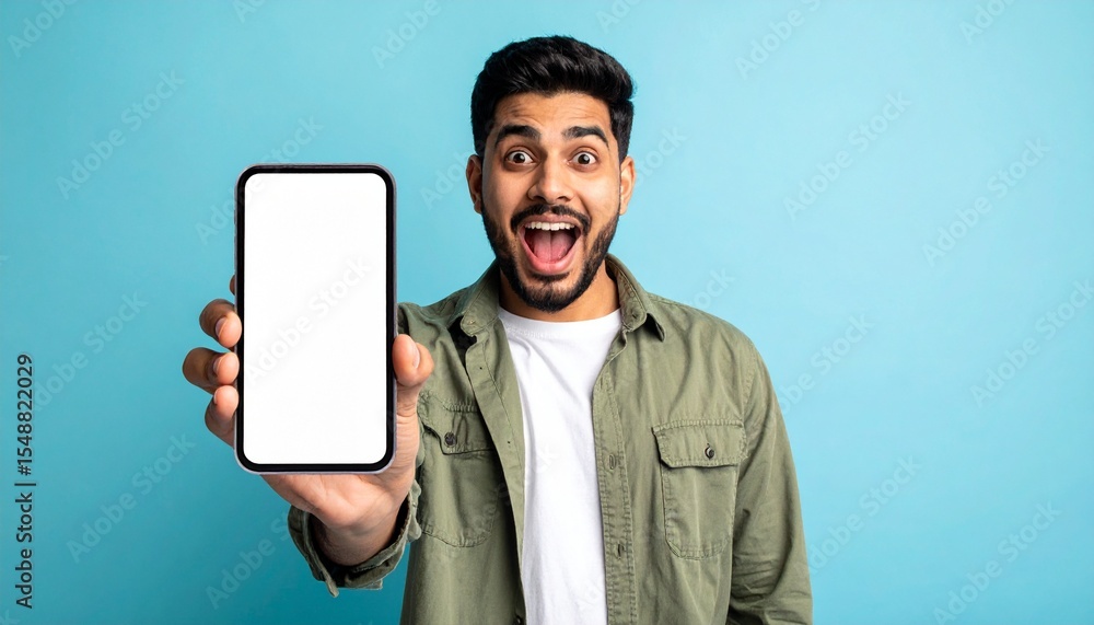 Poster a man happily showing off a mobile phone with an empty screen