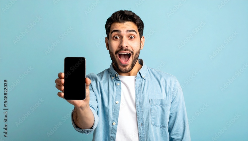 Poster a man with an amazed expression holding a phone with a blank screen
