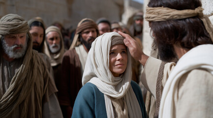 Obraz premium Jesus healing the blind woman, surrounded by people in ancient Jerusalem, a cinematic movie scene.