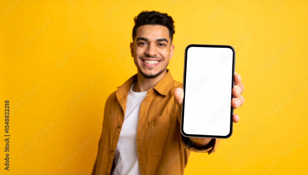Poster a smiling person holding and showing a blank smartphone screen. the man is holding a smartphone with