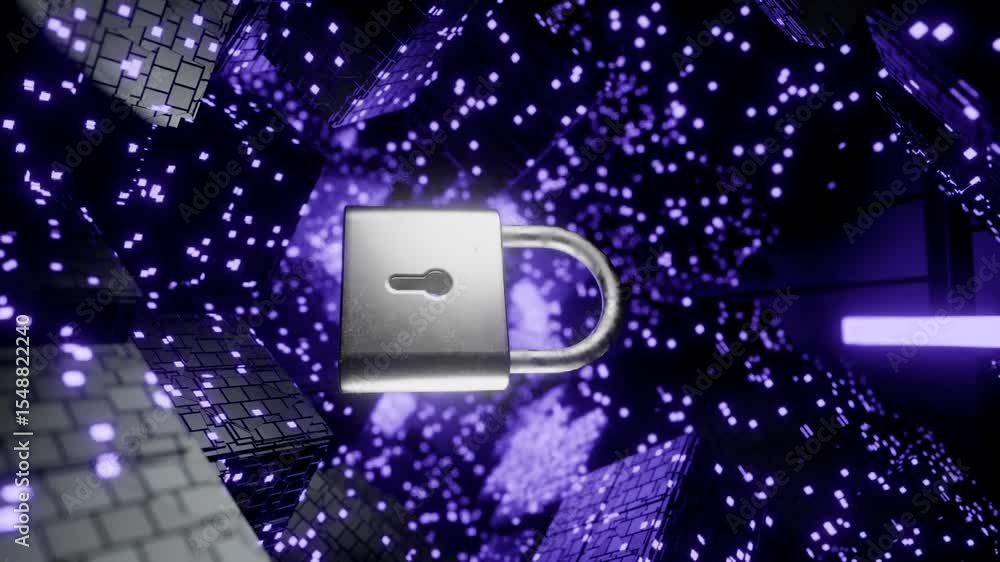Poster padlock floating among glowing digital cubes and purple data grid blocks. 3d rendering. cybersecurit