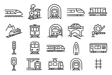 Train and Railway Transportation Line Icons Set