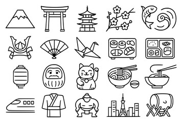 Japanese Culture and Traditional Line Icons Set