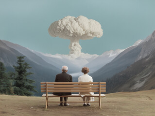 A photo of an old couple sitting on a bench in the valley, looking at a mushroom cloud from a nuclear explosion in the distance. Vintage photo collage, album cover art.