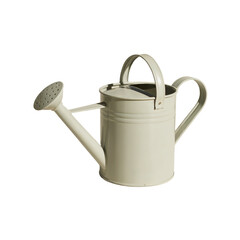 A cream colored watering can with two handles 