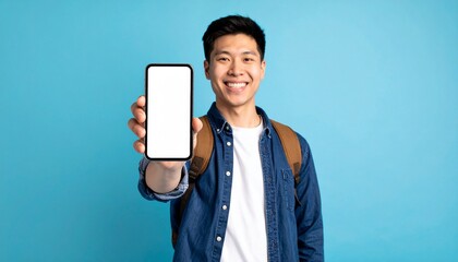 A young person of Asian descent, smiles holding up his phone screen, ready to share something amazing! 