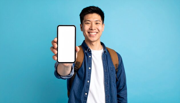 A young person of Asian descent, smiles holding up his phone screen, ready to share something amazing!