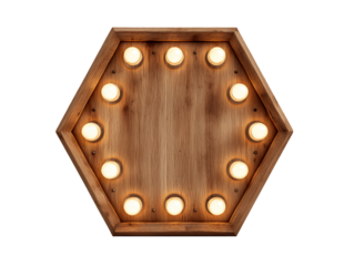 Illuminated Hexagon Wooden Sign with Warm Light Bulbs, PNG
