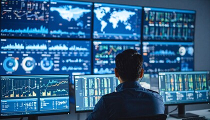 A person monitors complex data displayed on multiple screens