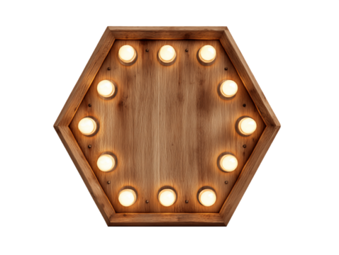 Illuminated Hexagon Wooden Sign with Warm Light Bulbs, PNG - Powered by Adobe