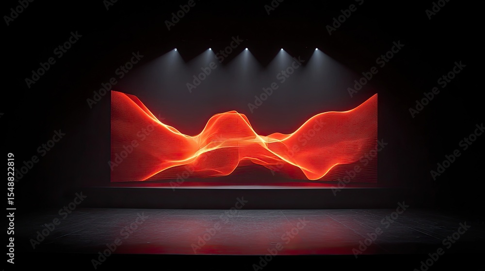 Poster dynamic red wave light display on dark stage with spotlights