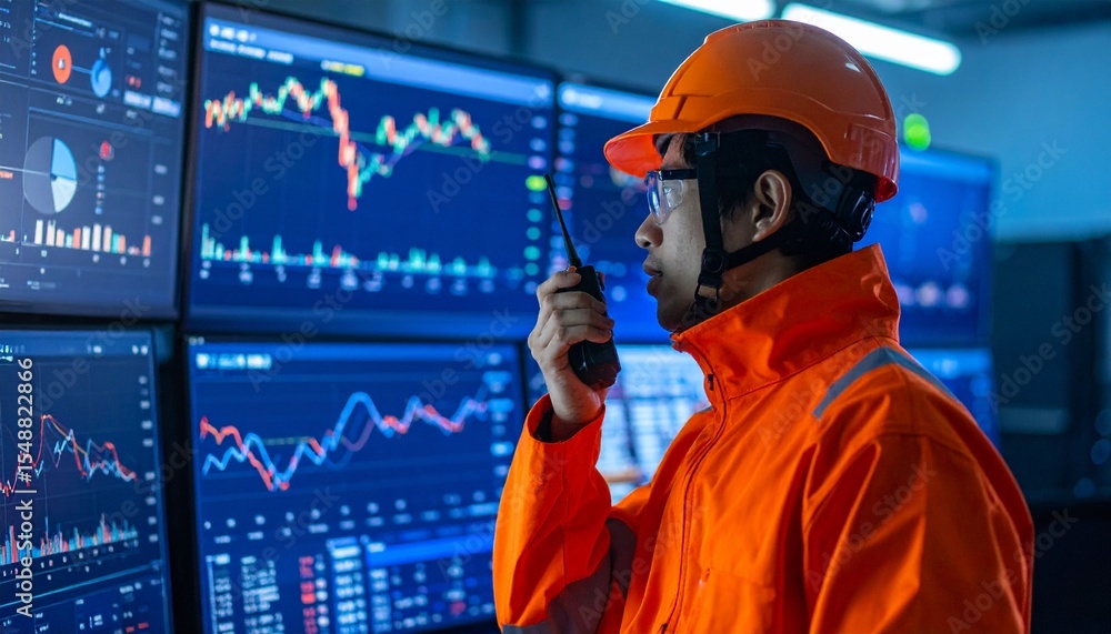 Poster an operator wearing a hard hat and work suit, monitoring financial data displayed on multiple screen