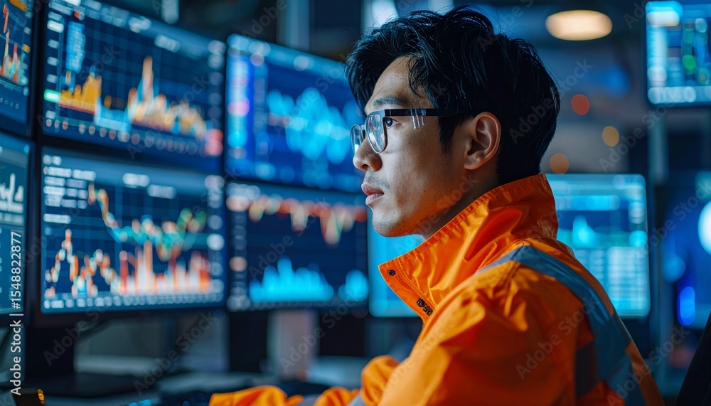 Poster a focused technician looking at multiple monitors displaying data, in a dimly lit room. he is focuse