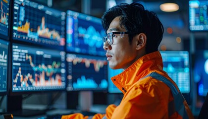A focused technician looking at multiple monitors displaying data, in a dimly lit room. He is focused on analyzing complex information.
