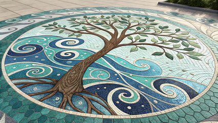 Tree of life mosaic art floor tile design with water elements and intricate details for home decor ideas