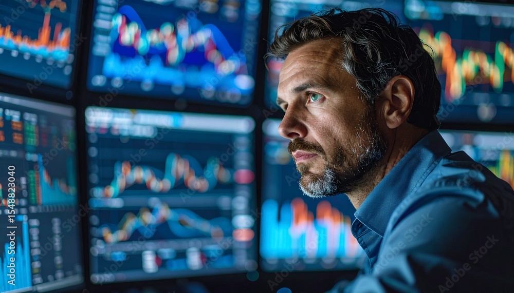 Poster a focused person is analyzing complex financial charts on multiple computer screens