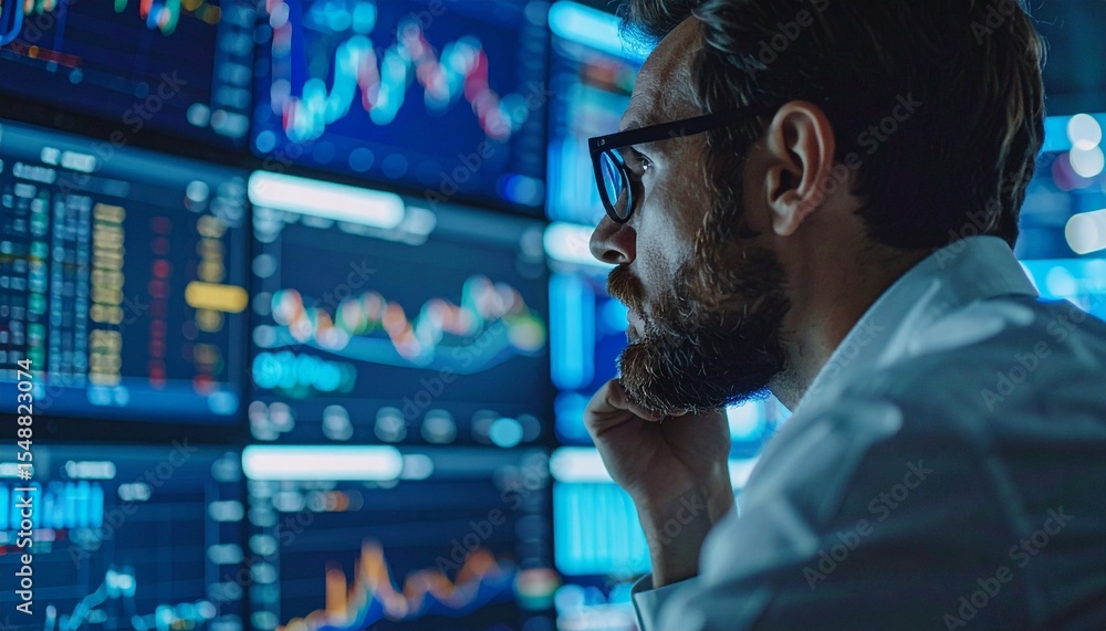 Poster a focused individual analyzing financial data on multiple screens