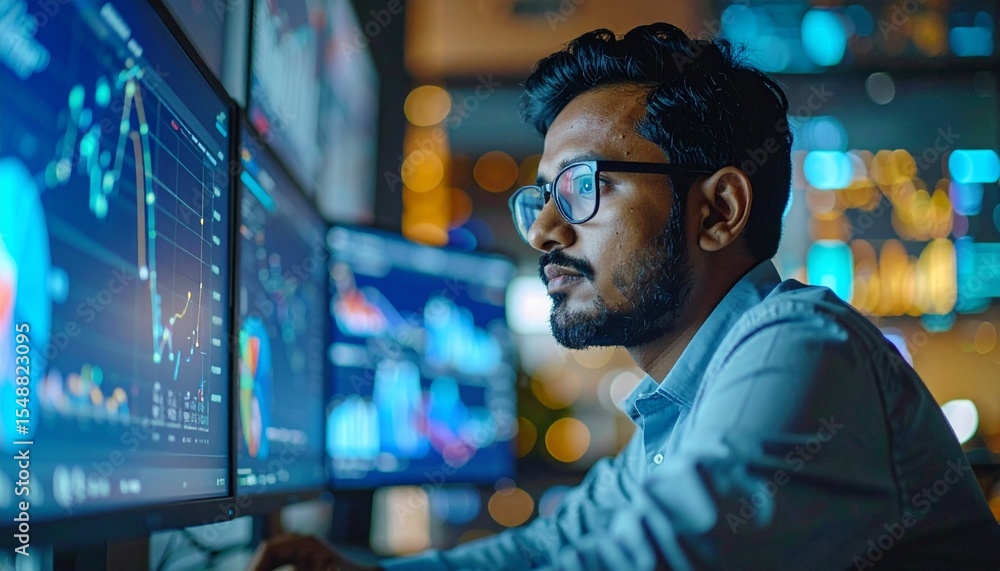 Poster focused young man intently reviewing data on multiple computer screens in a dimly lit room