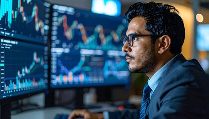 A focused trader analyzing stock charts, illuminated by monitor light in the office