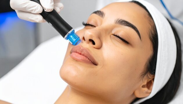 A facial treatment being administered to a woman, promoting skincare and beauty