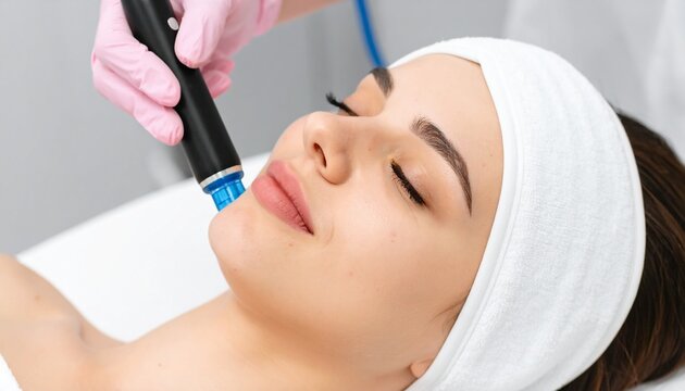 A woman enjoying a hydra facial procedure. The woman looks relaxed, with a spa setting, which enhances the relaxation experience