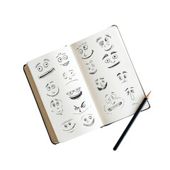 Cartoon faces sketchbook drawing pencil art expressions doodle character design illustration concept ideas on transparent background