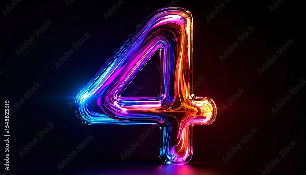 Poster a vibrant and luminous number four illuminated against a dark backdrop, the number is glossy with ne