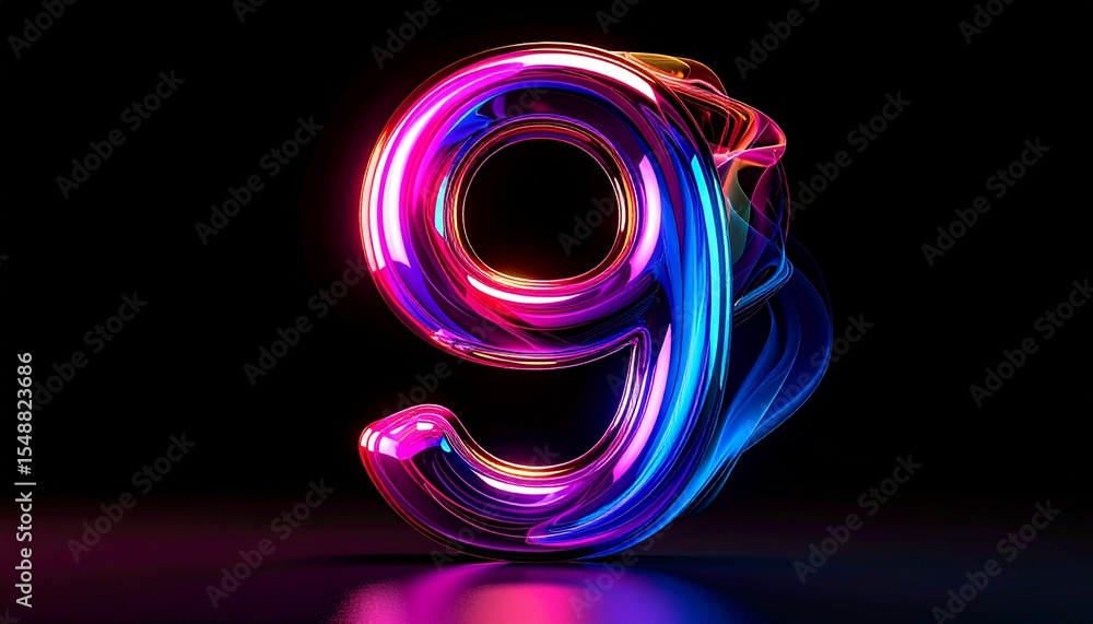 Poster a captivating 3d rendering of the number nine with vibrant, flowing colors. the design is futuristic