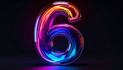 A colorful glowing number six against a dark backdrop, highlighting its vibrant and radiant design. The number showcases an artistic, light-filled appearance, making it stand out dramatically