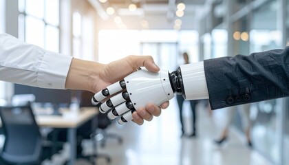 A human hand shaking with a robotic hand in a modern office environment, symbolizing a collaboration