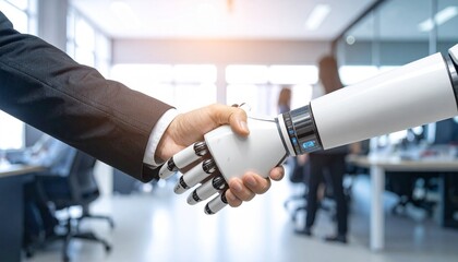 A handshake between a human and a robot, symbolizing collaboration and technological advancement