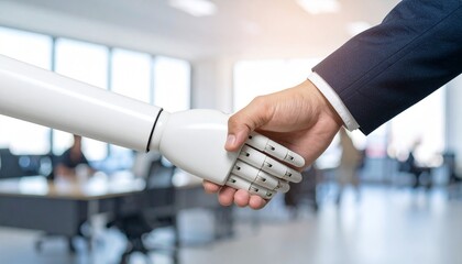 Business meeting between a human and a robot, shaking hands, illustrating the future of work and technology