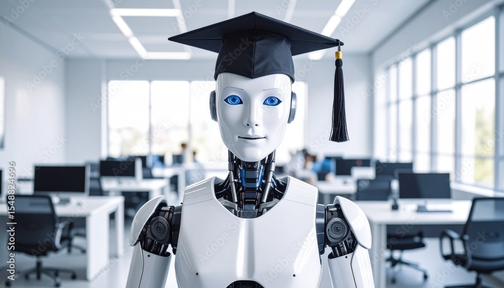 Poster a humanoid robot wearing a graduation cap in an office setting. the robot has a calm expression and 