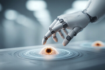 Robotic hand artificial intelligence futuristic technology innovation control center digital interface advanced modern precision science
