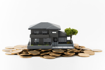 白背景にコインの上に載ったミニチュアの一戸建て住宅