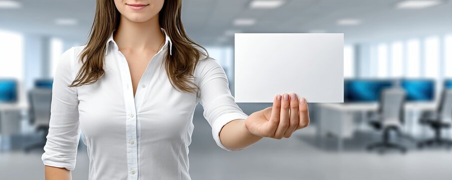 Woman in white shirt holding a blank card in front of office - Powered by Adobe
