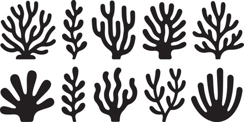 Obraz premium This image features various coral and marine plant designs in silhouette, showcasing diverse organic shapes for underwater themes.