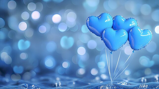 Blue heart balloons on a rippling blue surface with bokeh - Powered by Adobe