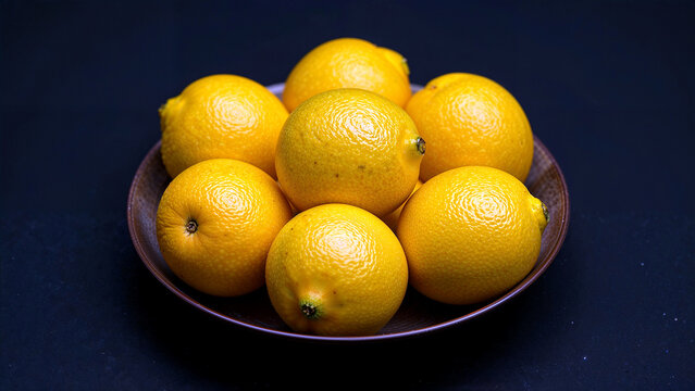 Fresh lemons juicy yellow citrus fruit on dark plate