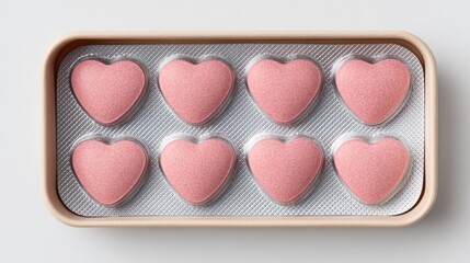 Heart-shaped pink pills in blister pack on white background