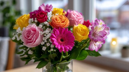 Colorful floral bouquet with roses and gerbera in vase on sunny day