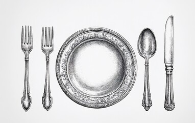 Formal place setting two forks, plate, spoon, knife. Engraved, metallic details