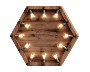 Illuminated Lightbulbs in Rustic Hexagon Wooden Frame, PNG