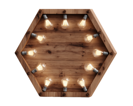 Illuminated Lightbulbs in Rustic Hexagon Wooden Frame, PNG
