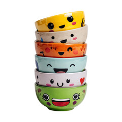 Cute colorful bowls stacked kitchenware kawaii face bowls ceramic bowl set kids bowls decorative bowls on transparent background