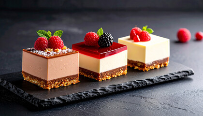 Sweet mini cake dessert plating on black slate board against black background.