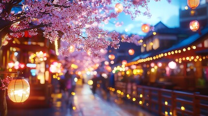 Illuminated Sakura Tree at Night in a Japanese City